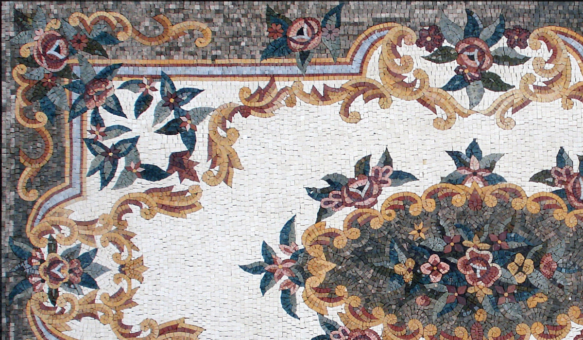 Floral Marble Mosaic Rug: Handmade Stone Art (104” x 60”)