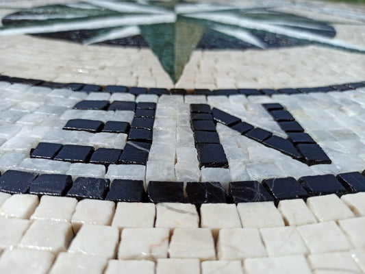 Handmade Marble Mosaic Medallion: Nautical Compass Rose, Green & White (32" Diameter)