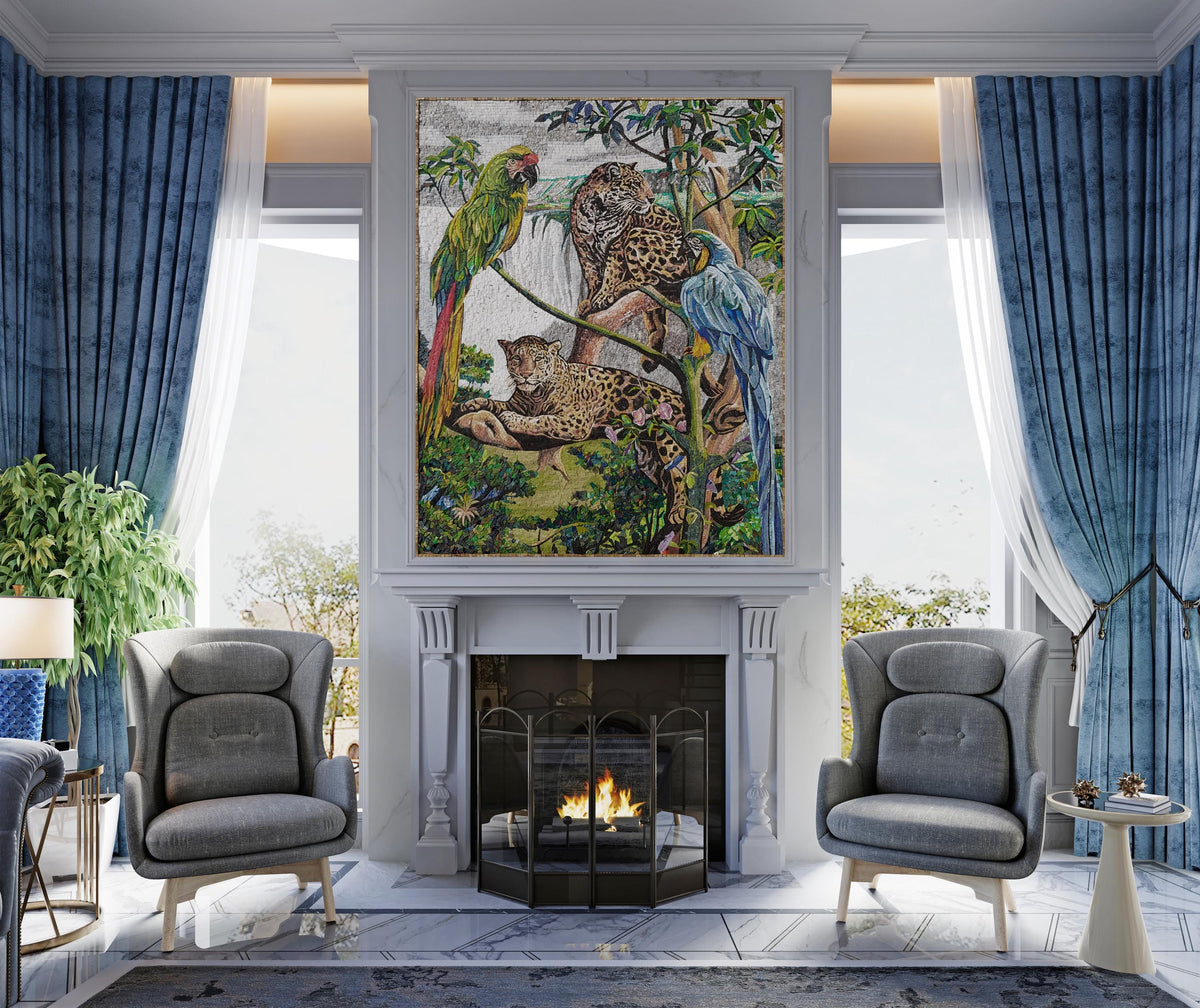 52"x40" Jungle Mosaic Wall Art – Handmade Marble Tile Artwork Featuring Parrots and Tiger, Customization available