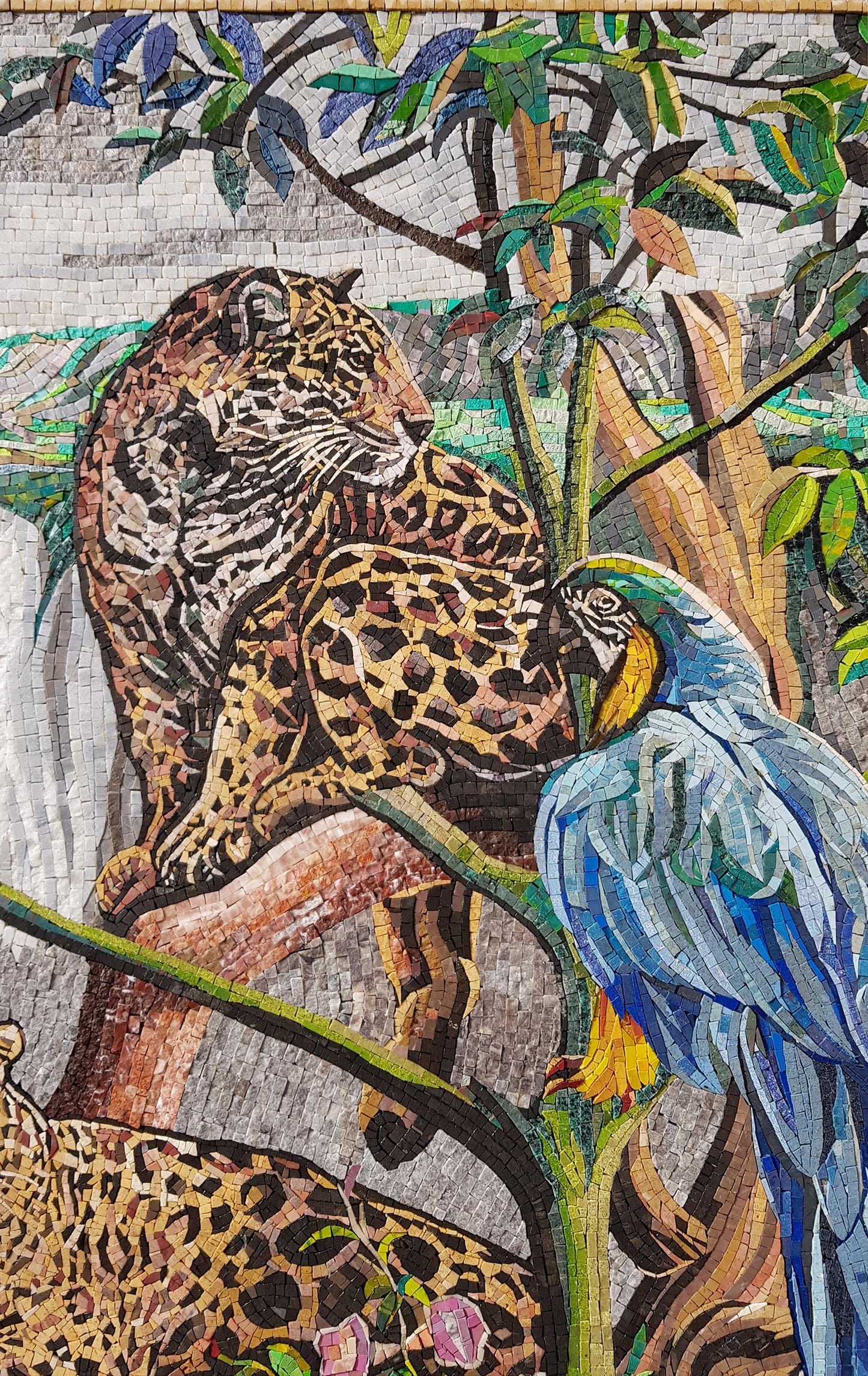52"x40" Jungle Mosaic Wall Art – Handmade Marble Tile Artwork Featuring Parrots and Tiger, Customization available