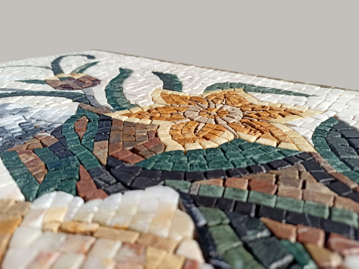 Handmade Marble Mosaic: Rose Flower Vase Wall Art