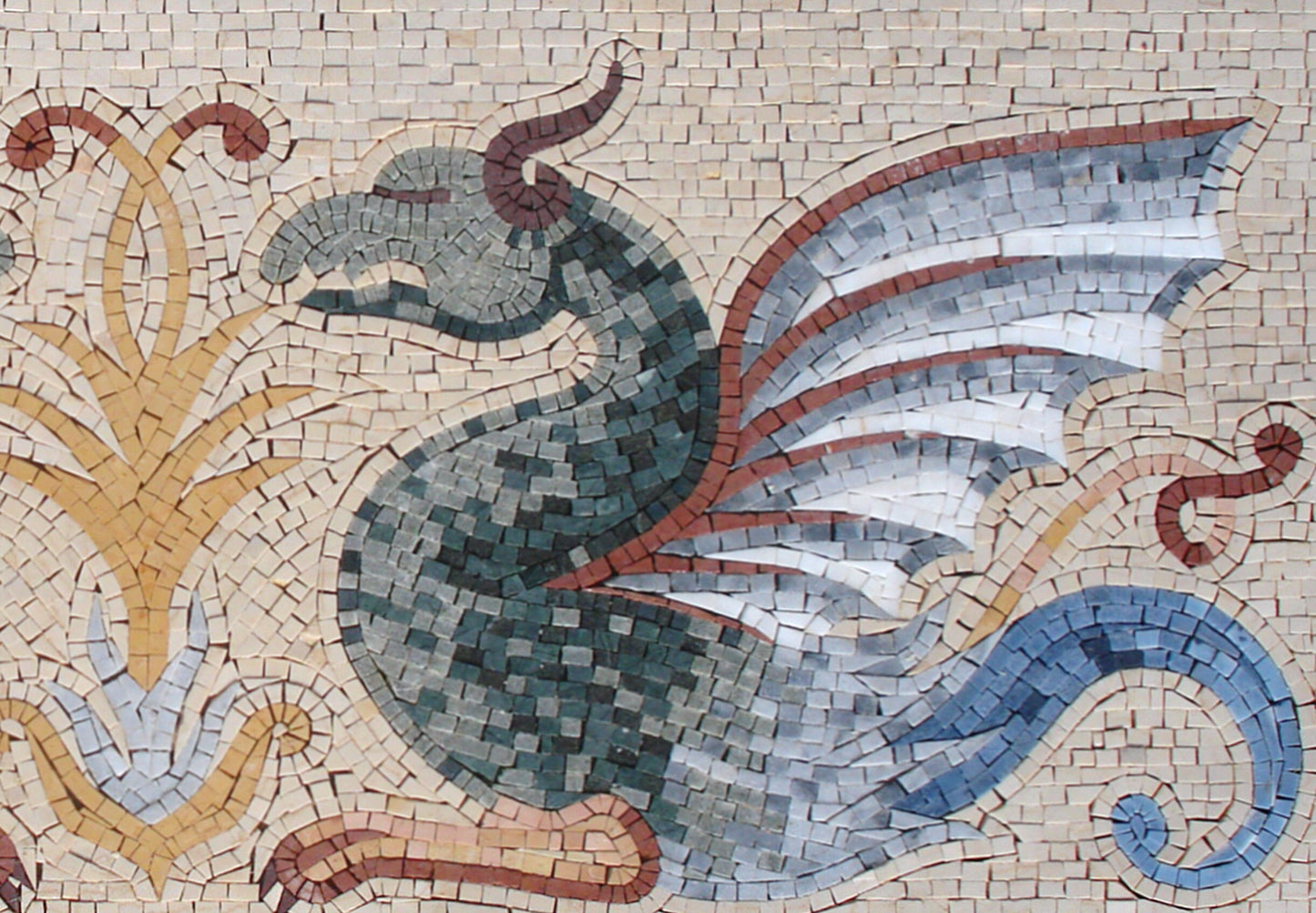 Handmade Twin Dragon Marble Mosaic Mural: Interior Wall Art (48” x 20”)