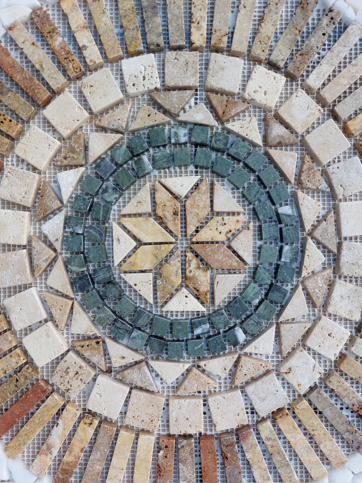 Handmade Flower Mosaic Medallion: Travertine Stone Art (24"x24")