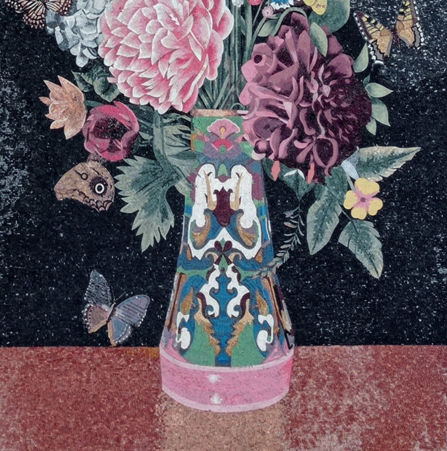 Handmade Floral Mosaic Wall Art: Lilies, Chrysanthemums, Stone Vase