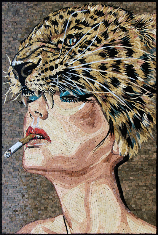 34"x23" Woman Smoking Mosaic Art – Feminine Portrait Artwork, Unique Home Accent, Customization Available