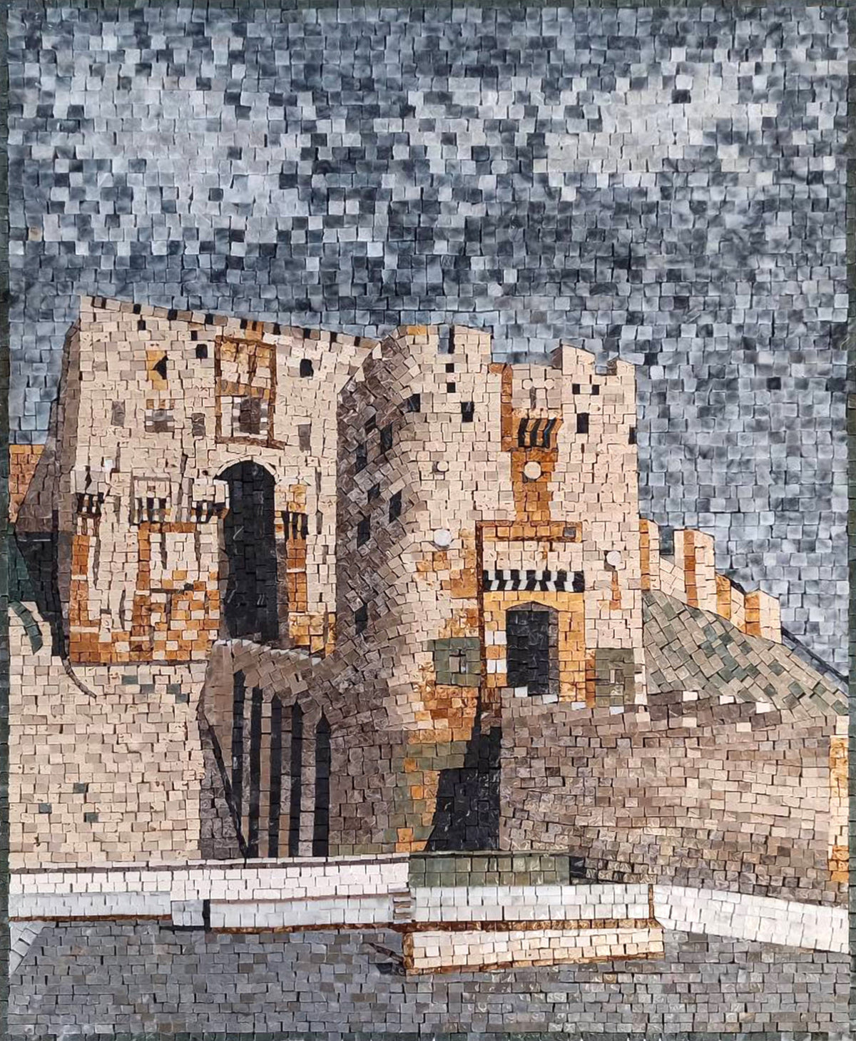 Handmade Castle Mosaic Mural: Aleppo Citadel Stone Art
