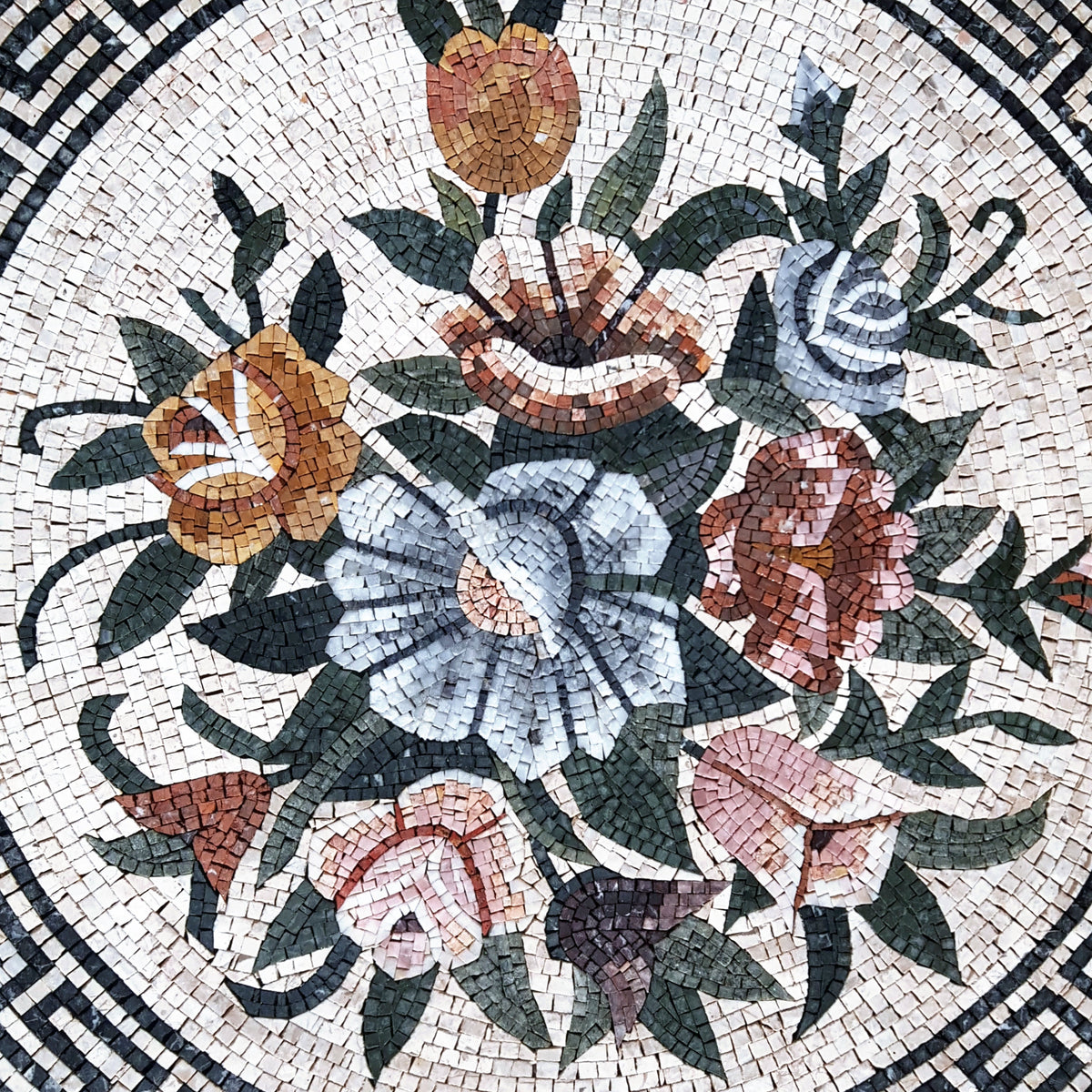 Handmade Marble Mosaic Tile: Floral Medallion Art, 40" Diameter