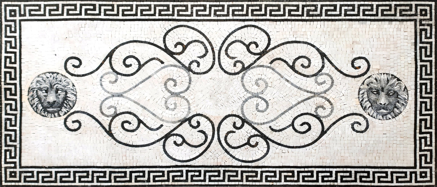 Handmade Marble Mosaic Rug: Black & White Floral Medallion (74” x 32")