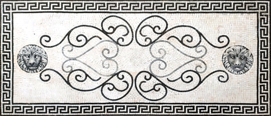 Handmade Marble Mosaic Rug: Black & White Floral Medallion (74” x 32")