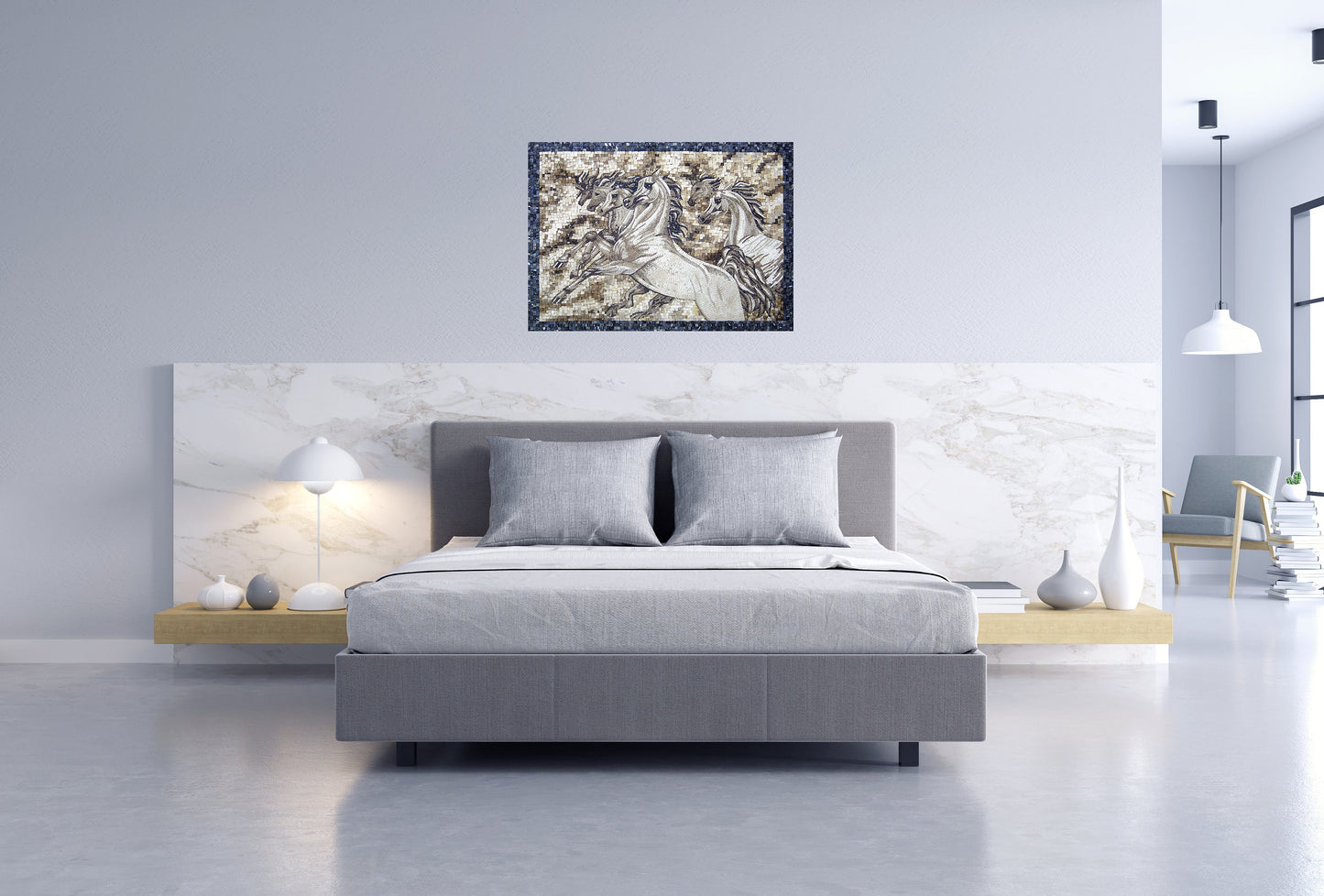 Handmade Running Horses Mosaic Mural: Stone Animal Wall Art (56” x 40")