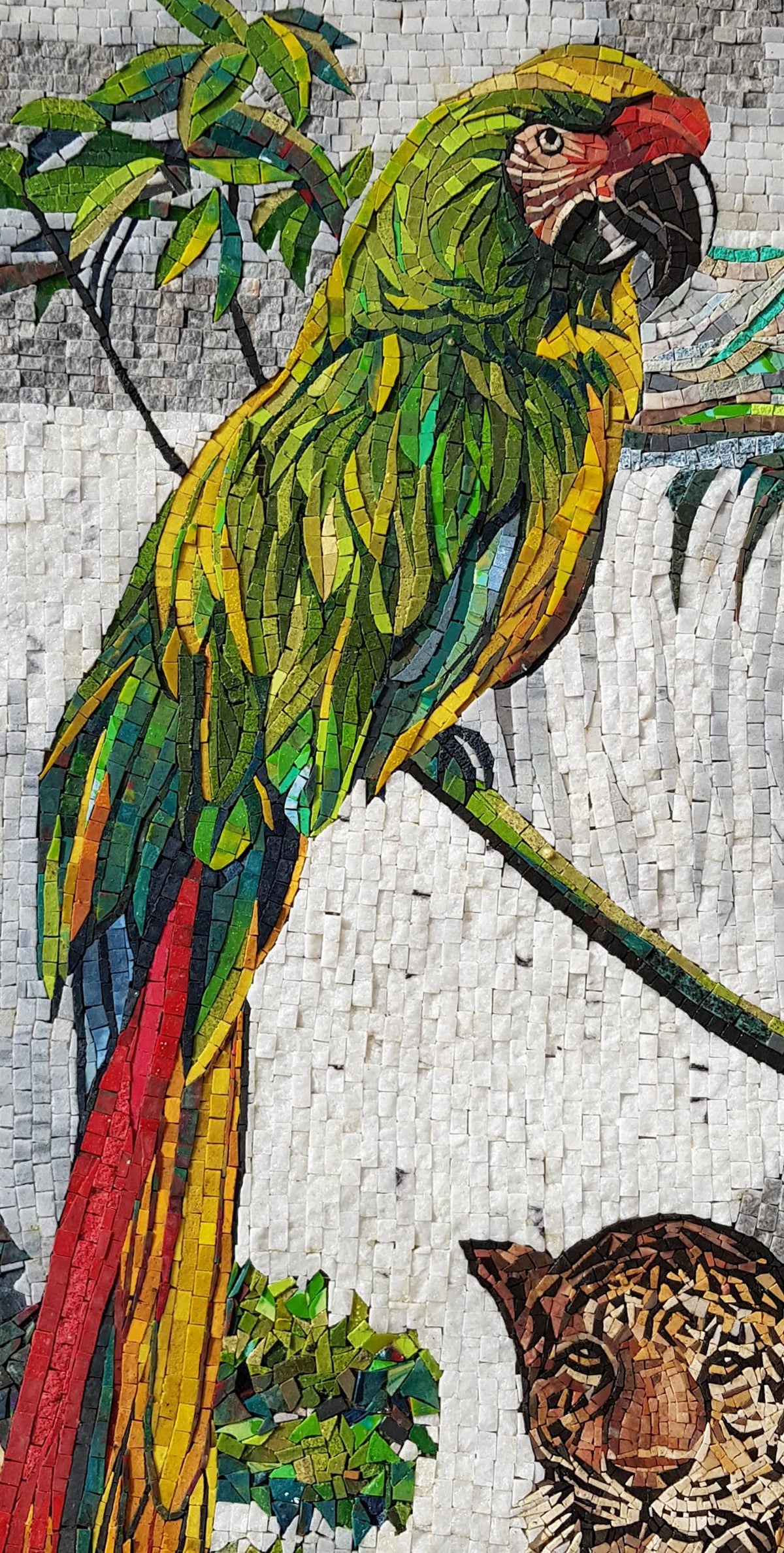 52"x40" Jungle Mosaic Wall Art – Handmade Marble Tile Artwork Featuring Parrots and Tiger, Customization available