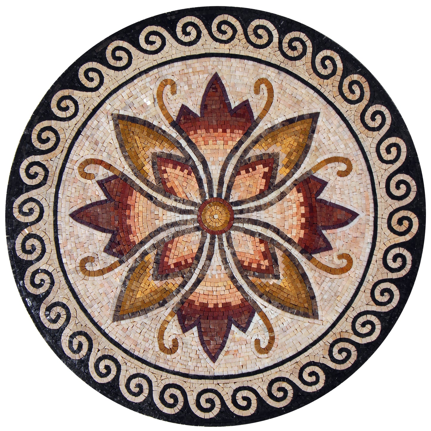 Fiery Blossom: Greek Wave Border Mosaic Medallion with Floral Elegance - Customization available