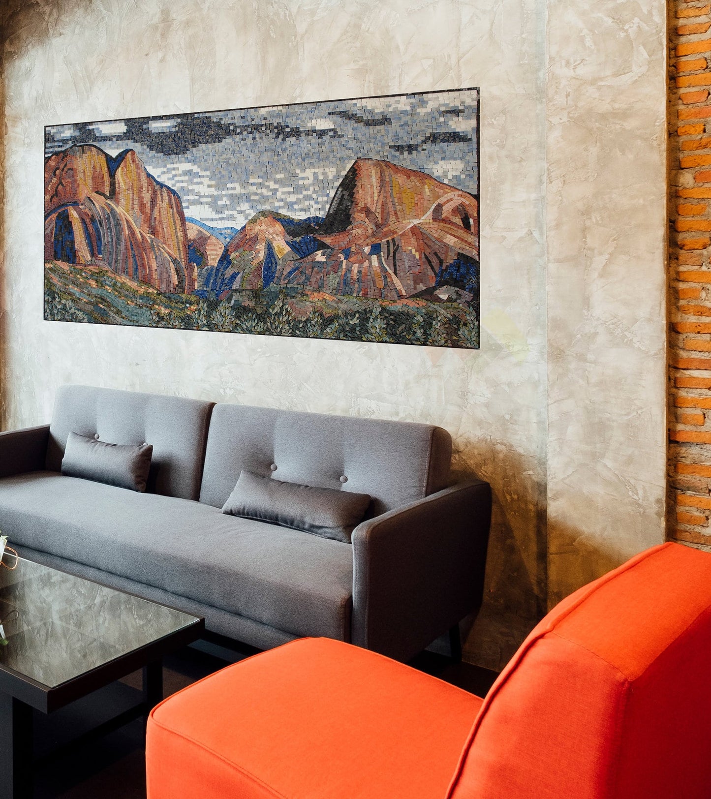 Handmade Mountain Mosaic Tile Art: Stone & Marble Wall Decor (58” x 34”)