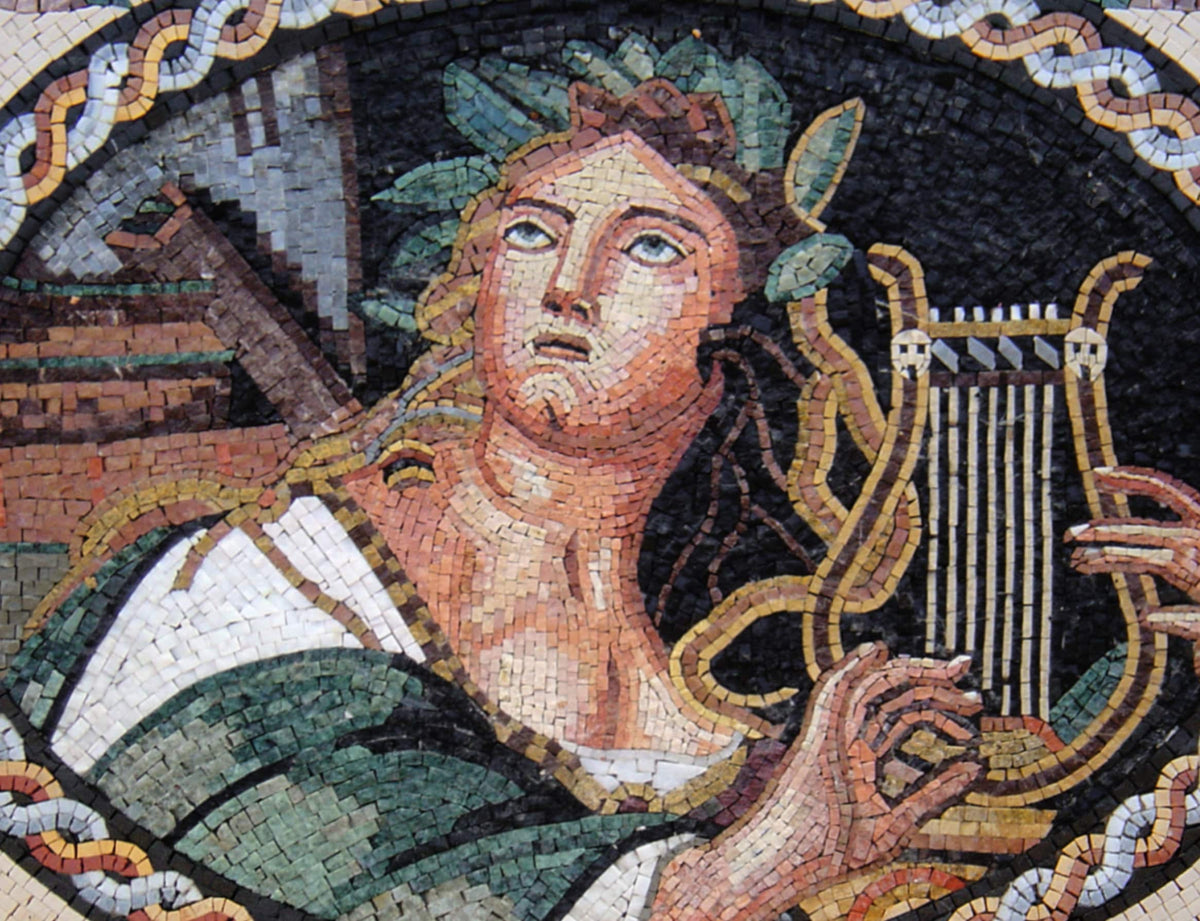 Handmade Greek Mosaic Mural: Young Woman Playing Lyre, Marble Stone Art