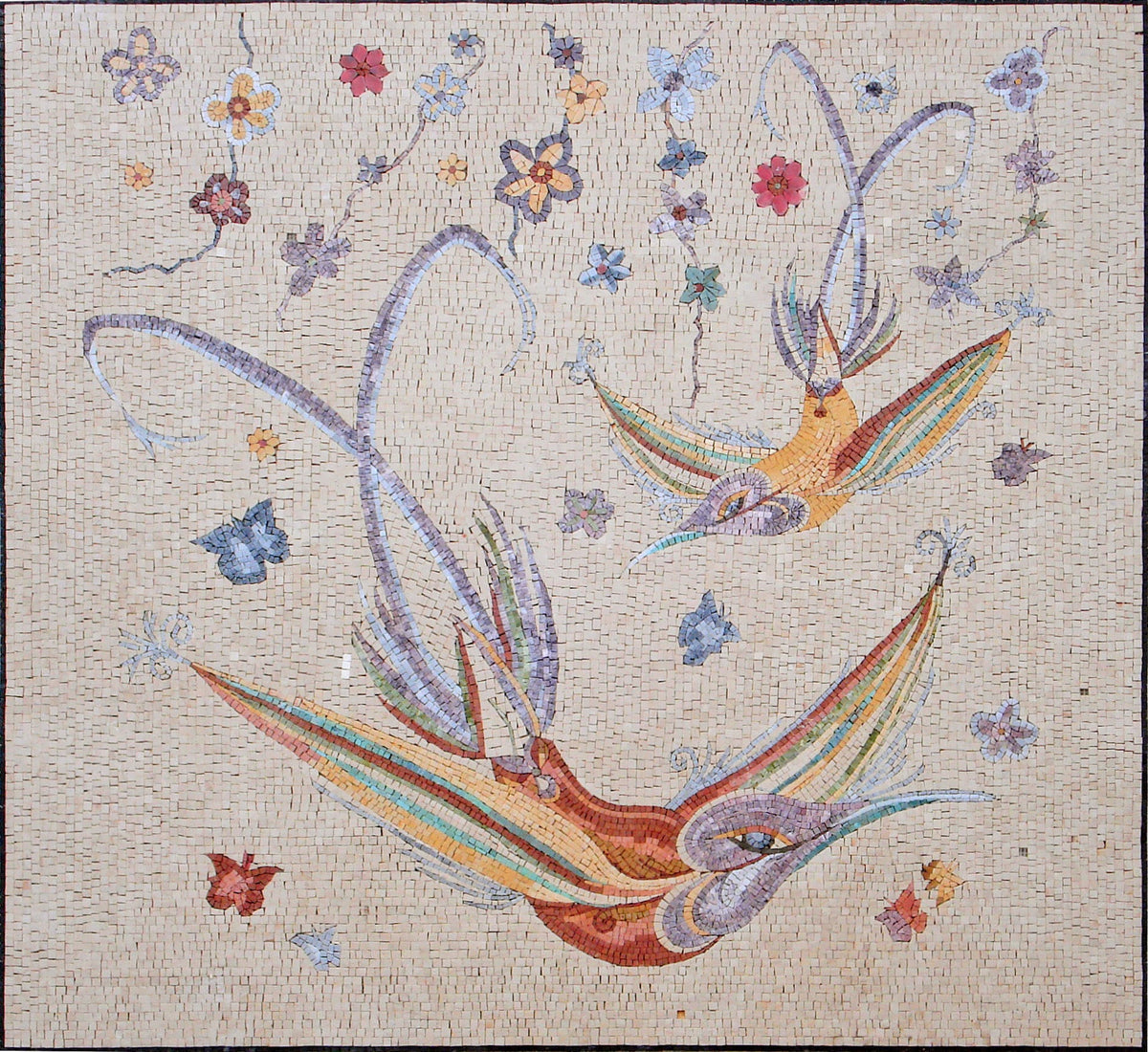 Hummingbird Mosaic Tile Art: Botanical Floral Wall Decor