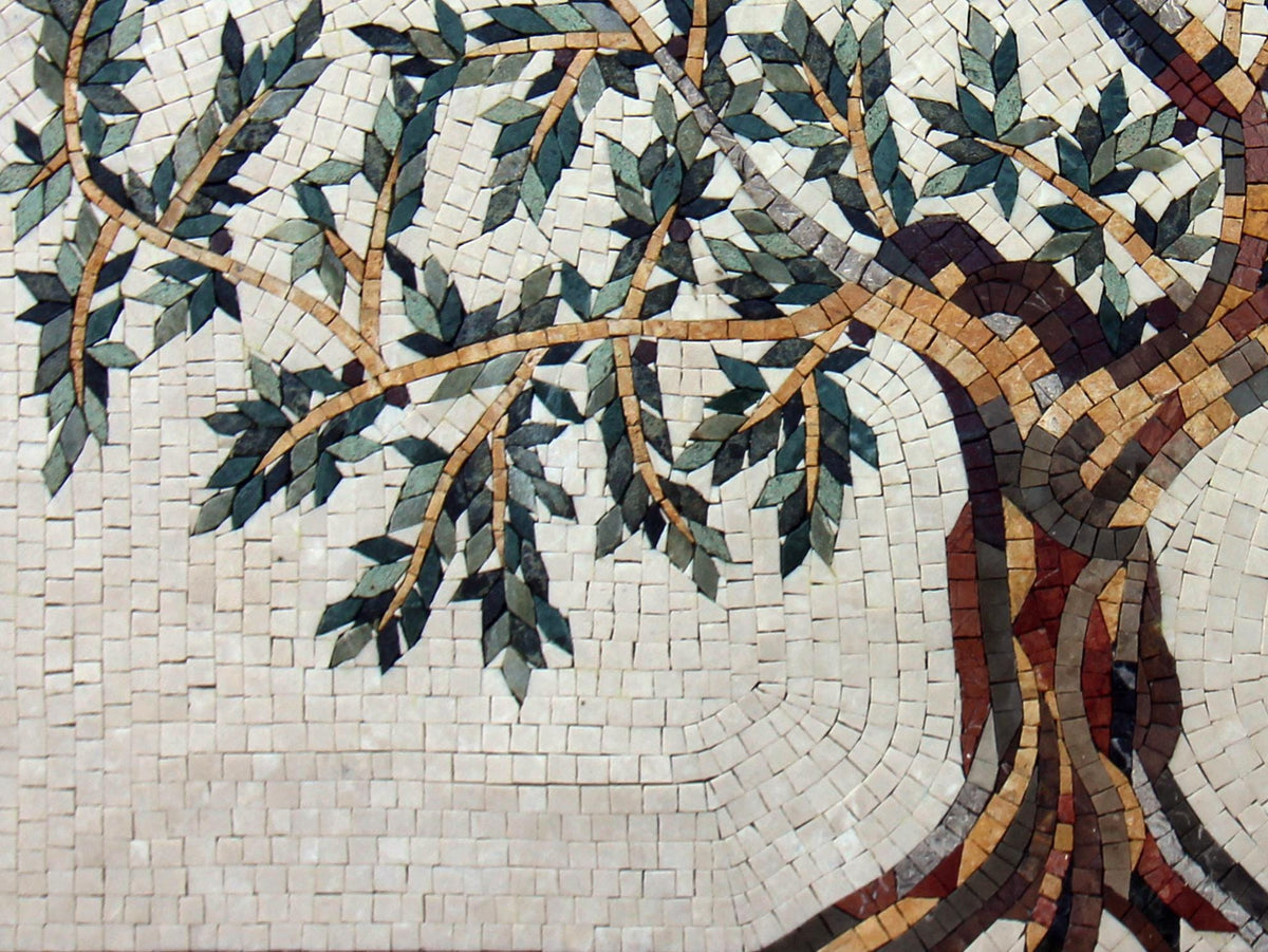 Olive Tree Mosaic Art Tile: Handmade Roman Medallion (32” x 24”)
