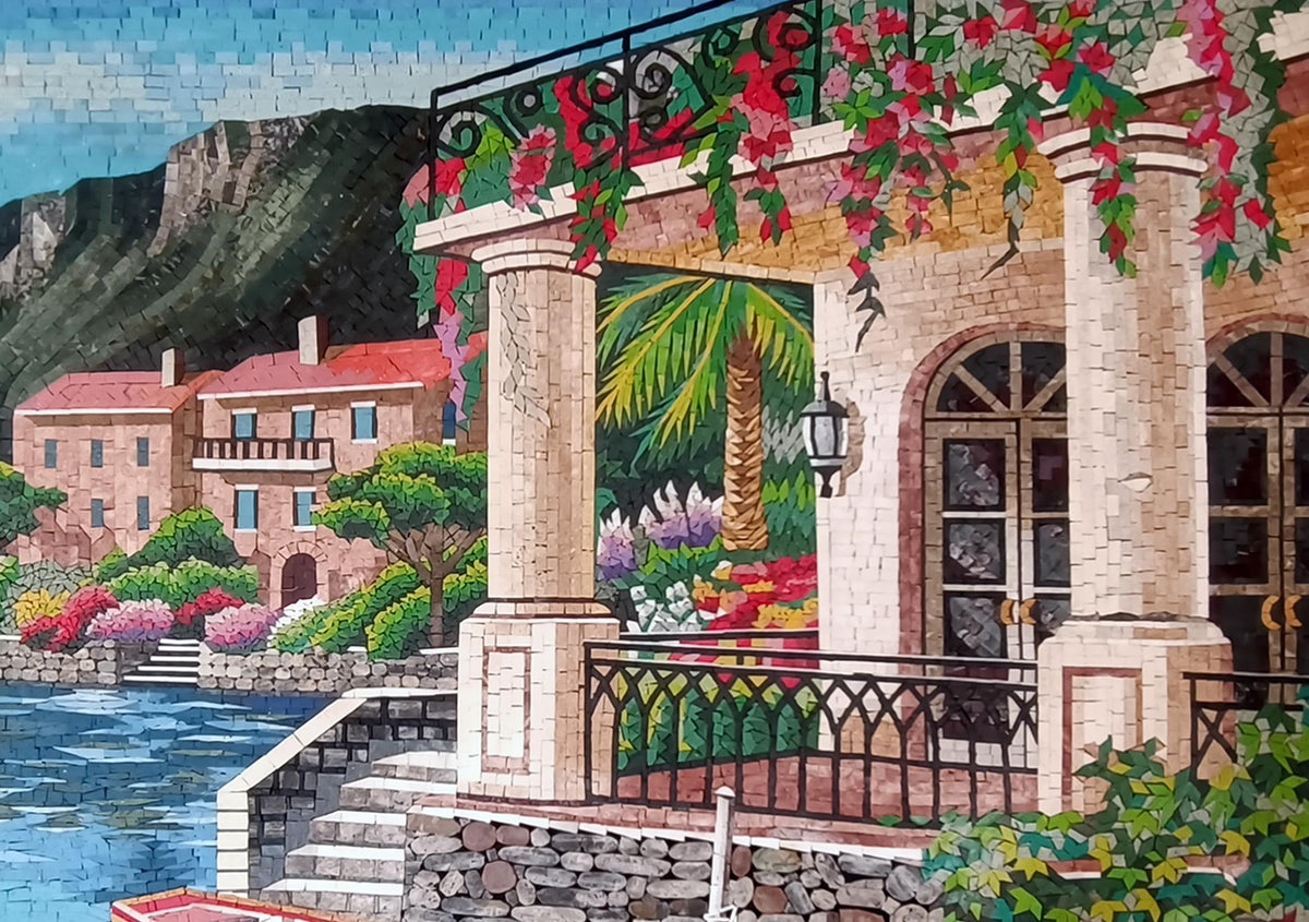56"x46" Seaside Houses Mosaic Wall Art – Coastal Village Scene, Nautical Home Decor, Customization available
