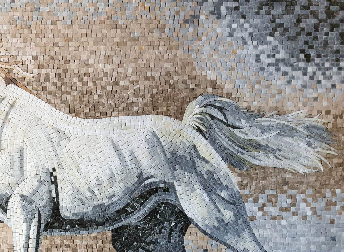 Handmade Marble Mosaic: White Horse Mural for Walls (48” x 36”)