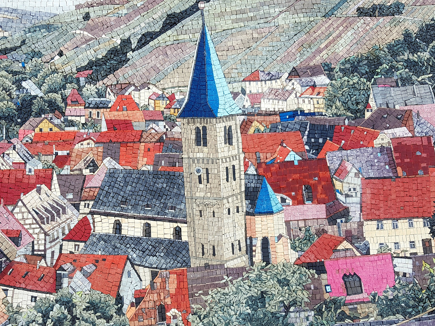 Handmade Vineyard Mosaic Tile Art: European Village Scenery (68” x 48”)
