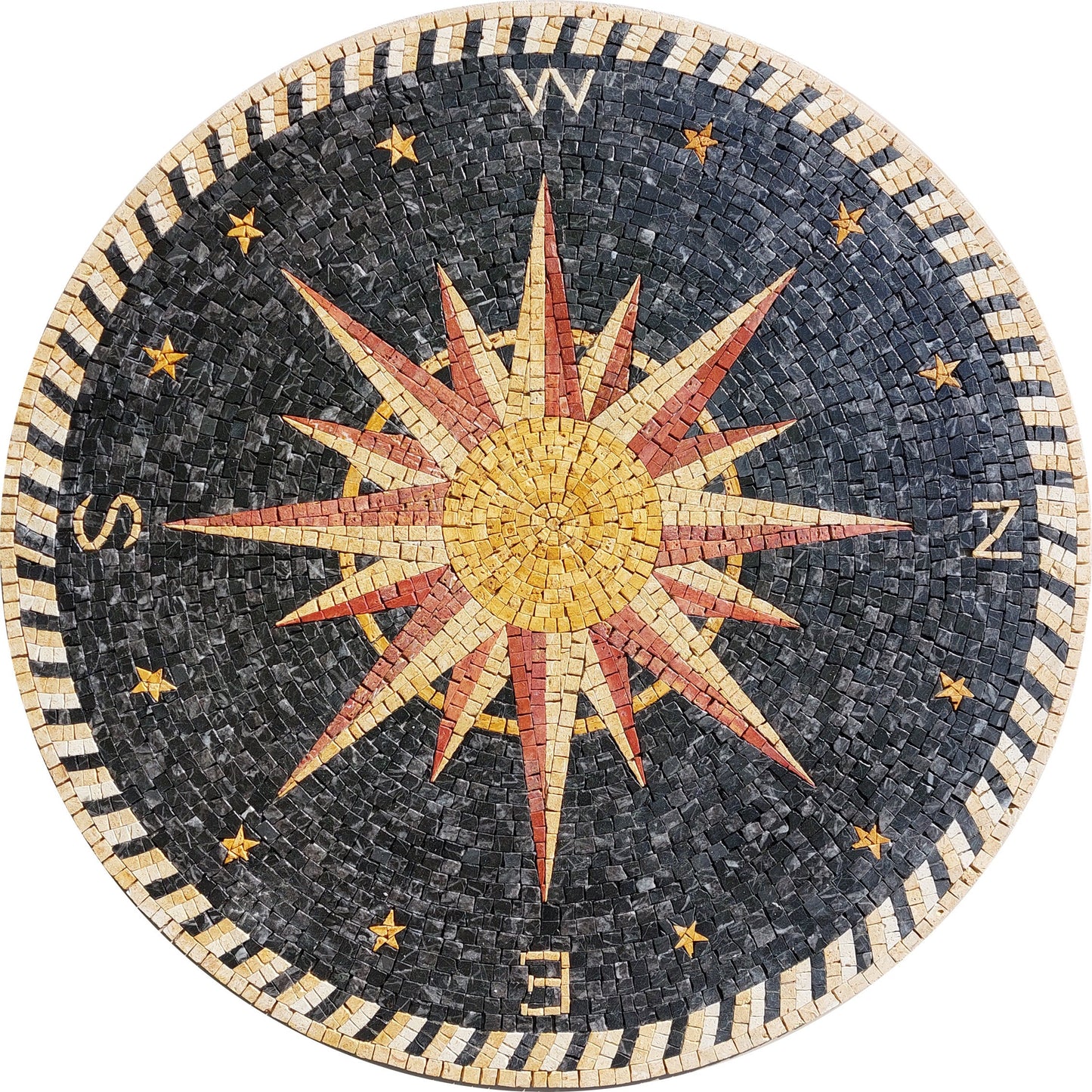 Handmade Compass Rose Mosaic Tile: Marble Medallion Art (32" Diameter)