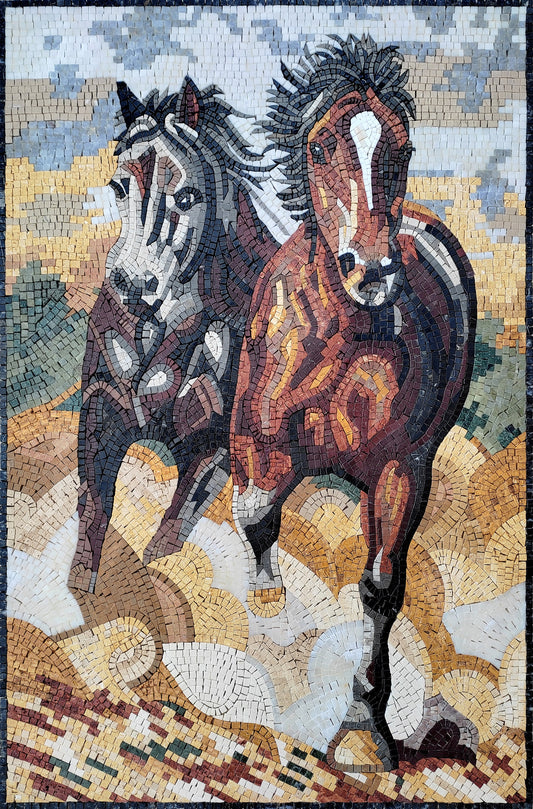Handmade Horse Mosaic Tile Art: Galloping Horses, Rustic Wall Decor (48" x 32")