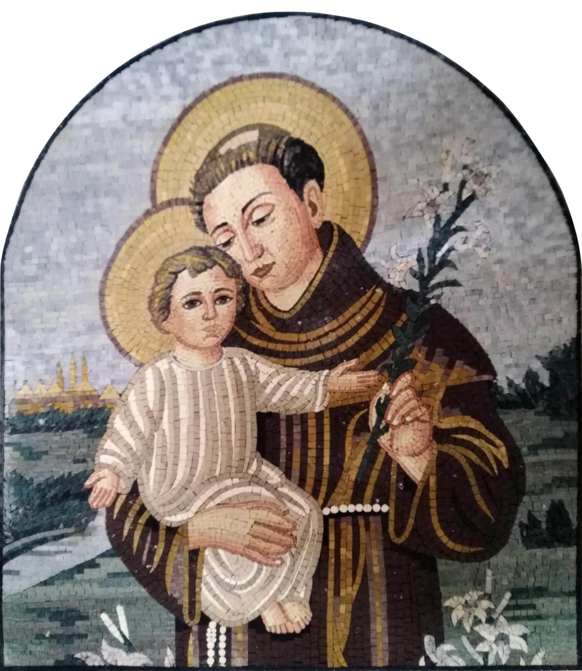 32"x38" Monk and Angelic Child Mosaic – Handmade Marble Tile Wall Art, Customization available