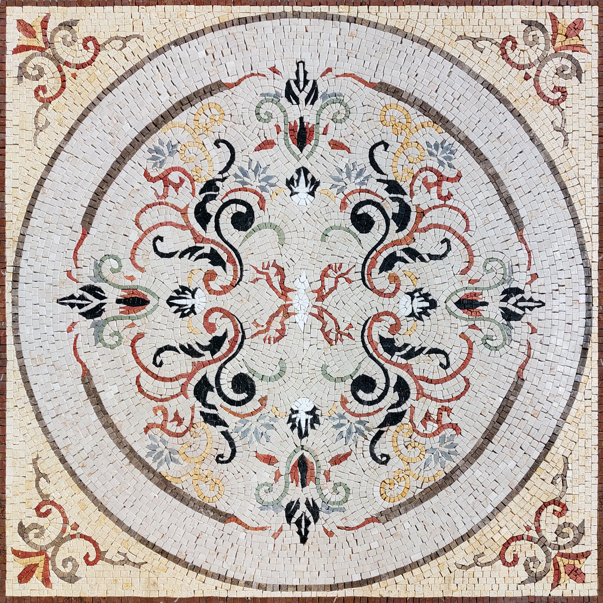 Handmade Floral Mosaic Tile: Geometric Marble Mural (32x32)