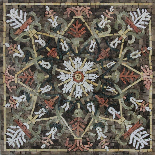 32" Floral Marble Mosaic Tile Medallion: Indoor/Outdoor Decor