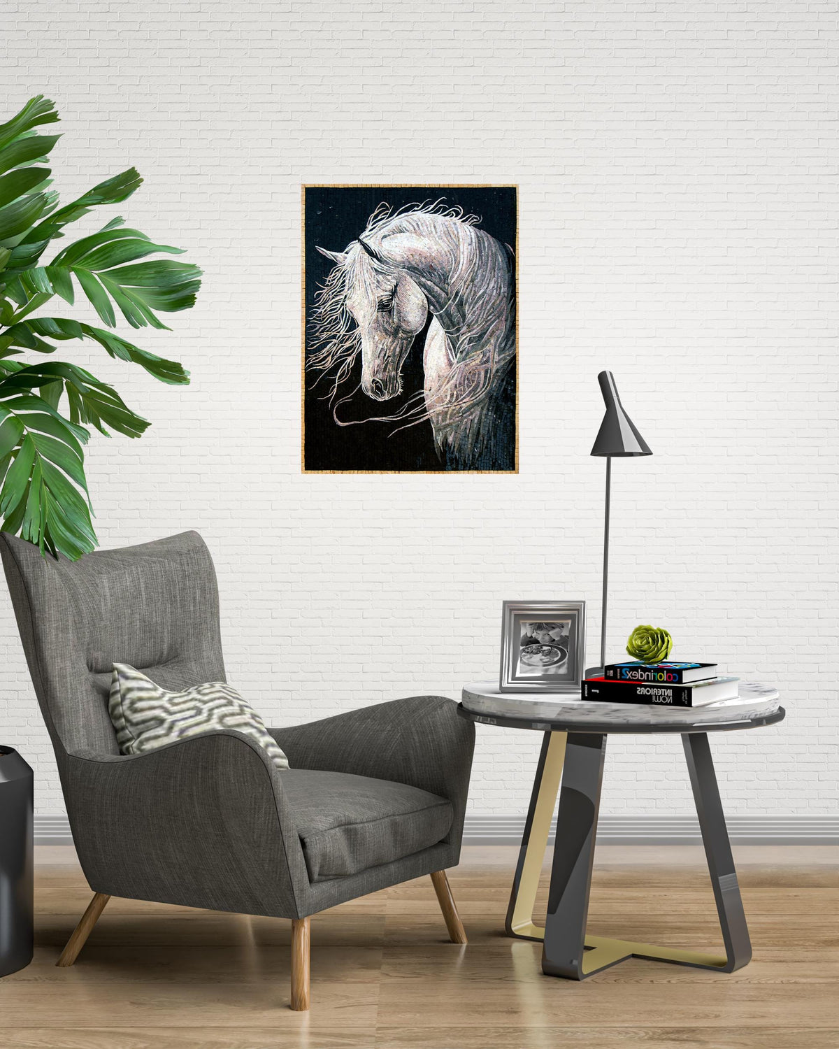 Handmade Horse Portrait Mosaic Mural: Marble Wall Art Decor
