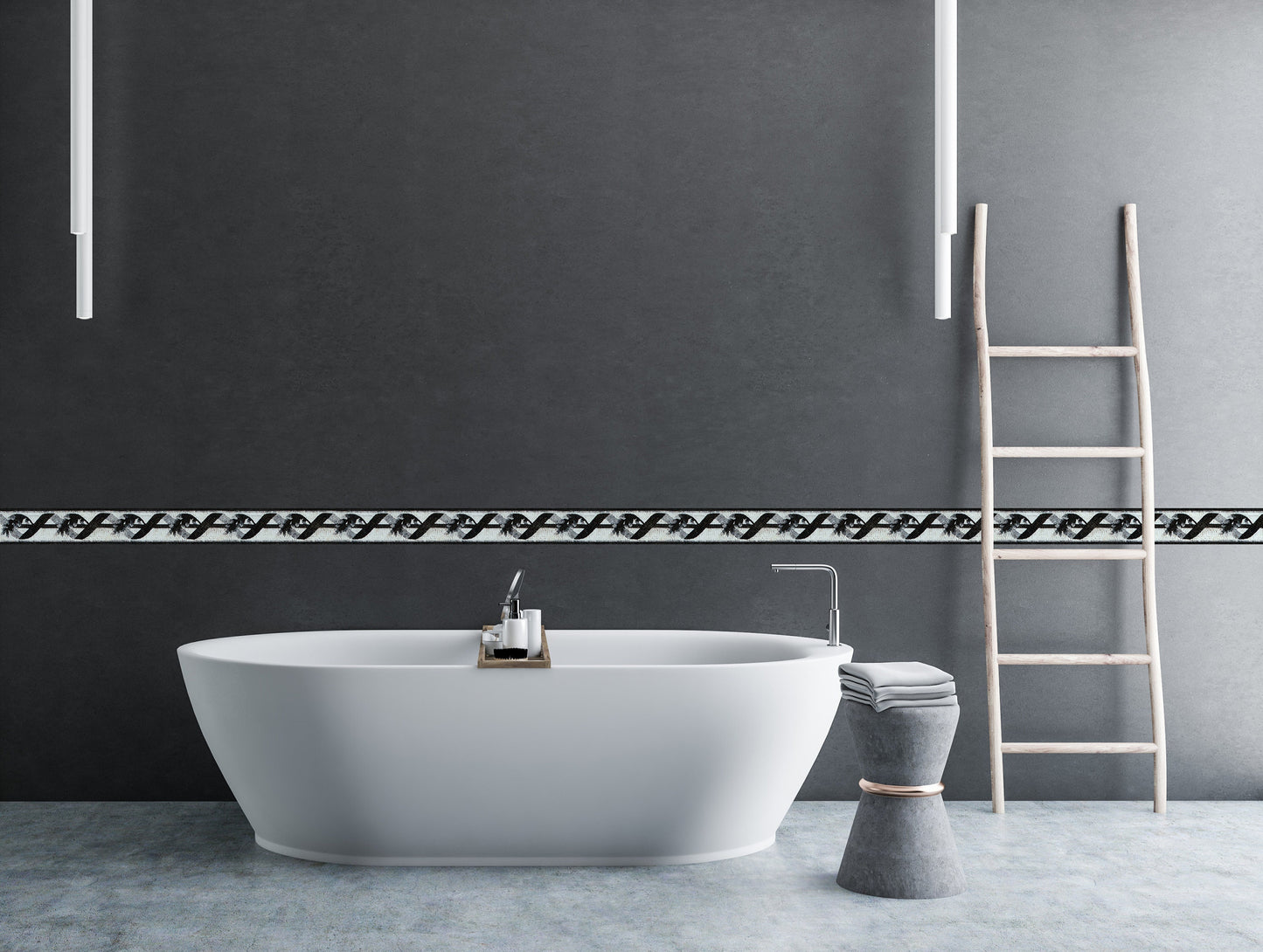Botanical Mosaic Border: Black and White Marble Tiles, 6x40"