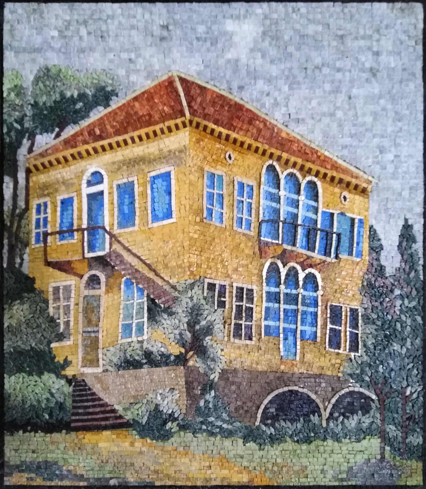 Handmade House Mosaic Tile Art: Botanical Wall Decor (36” x 32")