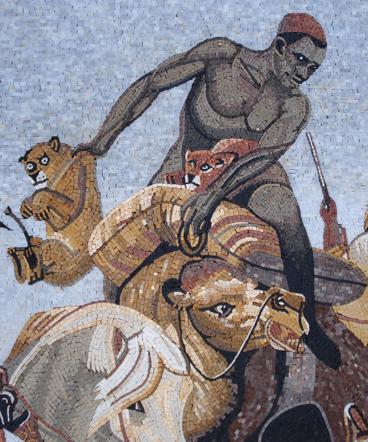 Lion Hunt Mosaic Mural: Horace Vernet Reproduction, Handmade Stone Tile Art