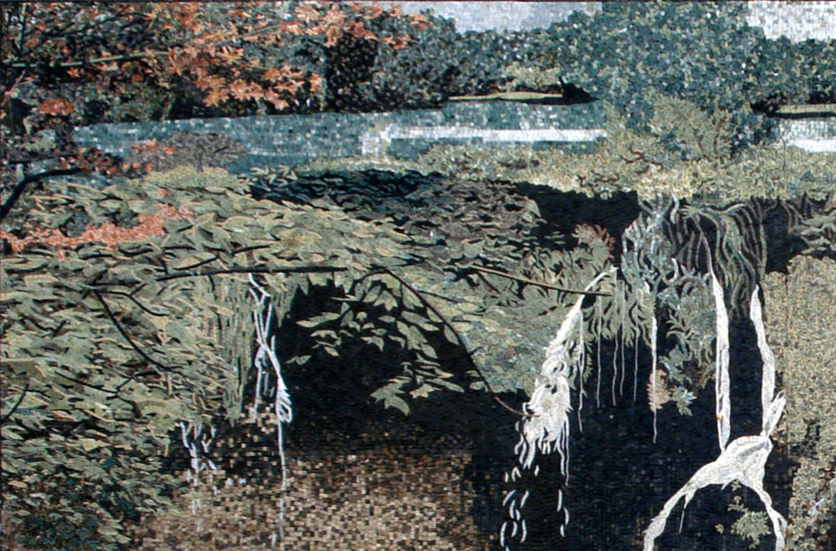 Handmade Marble Mosaic Tile: Waterfall & Bridge Art