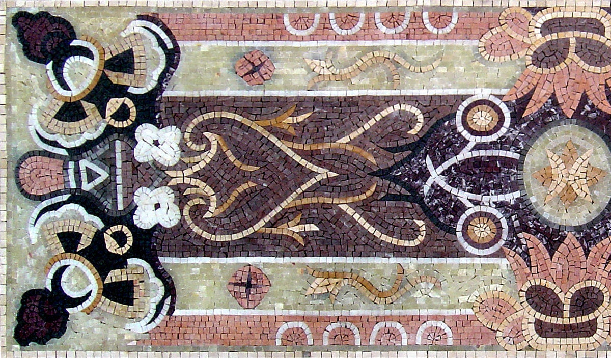 Handmade Floral Marble Mosaic Rug: Rectangle Stone Carpet (90” x 28”)