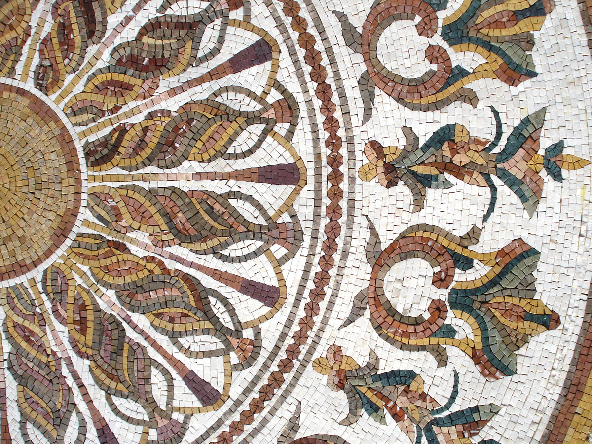 Handmade Floral Marble Mosaic Medallion: 72" Art Tile