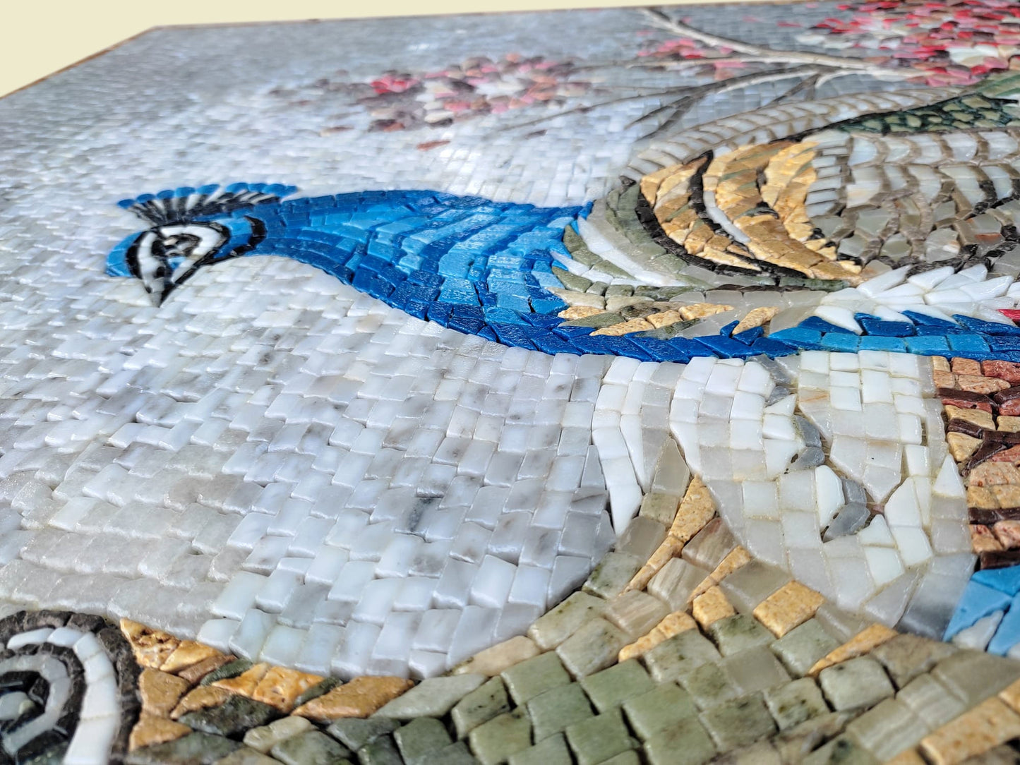 Handmade Peacock Mosaic Tile Art: Cherry Tree & Koi Pond (64” x 32”)