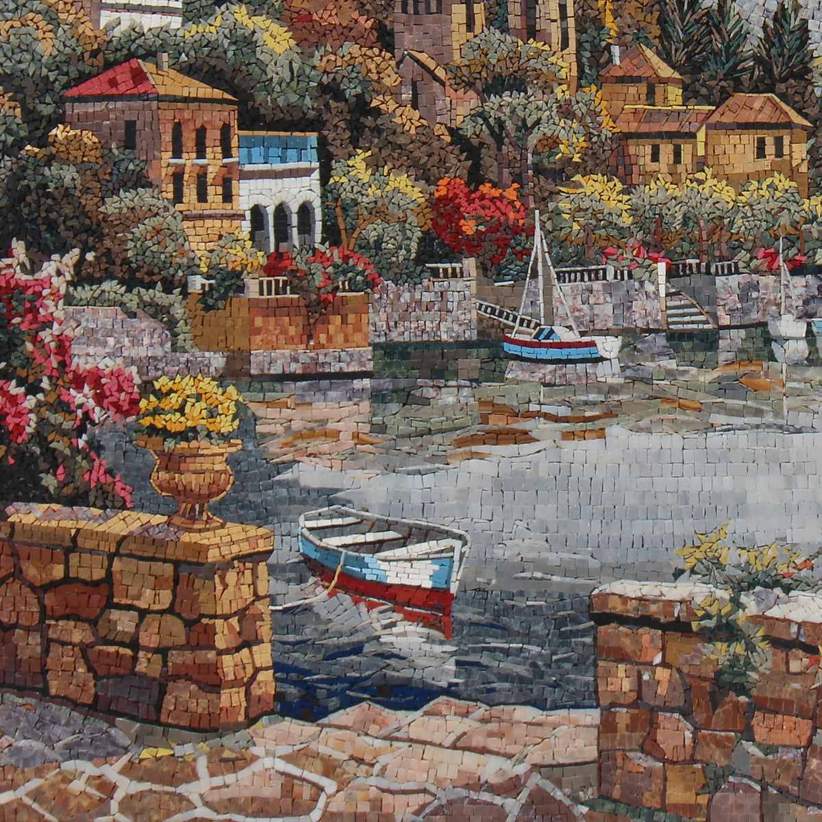 Seascape Mosaic Mural: Handmade Marble Sailboat, Coastal Village Art (40x40")