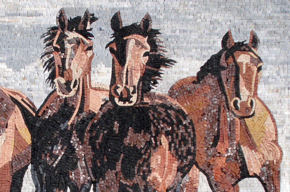 Handmade Marble Horse Mosaic Tile Mural: Galloping Horses Wall Art