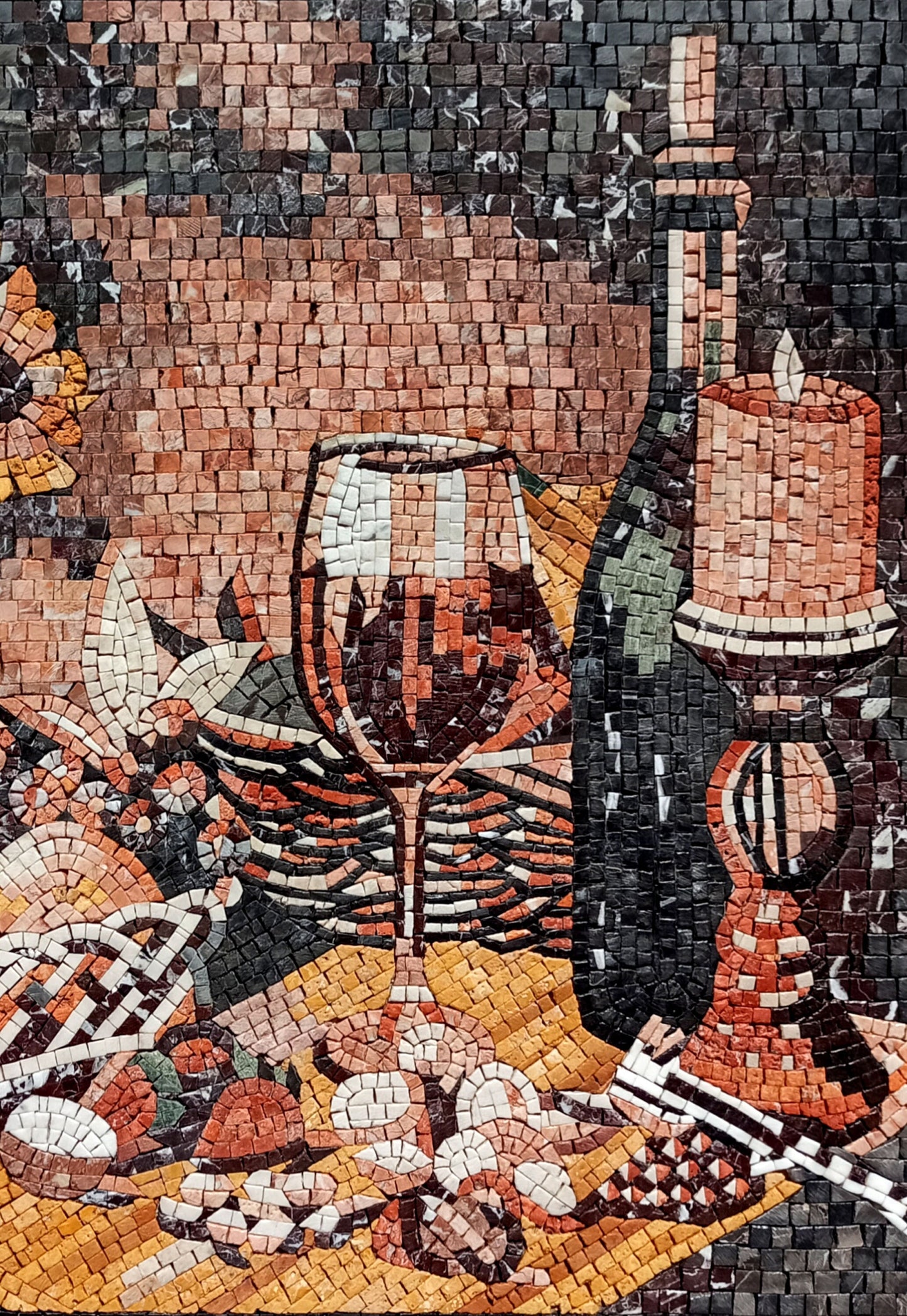 Handmade Still Life Mosaic: Fruit Basket, Sunflower, Candlelit Backsplash