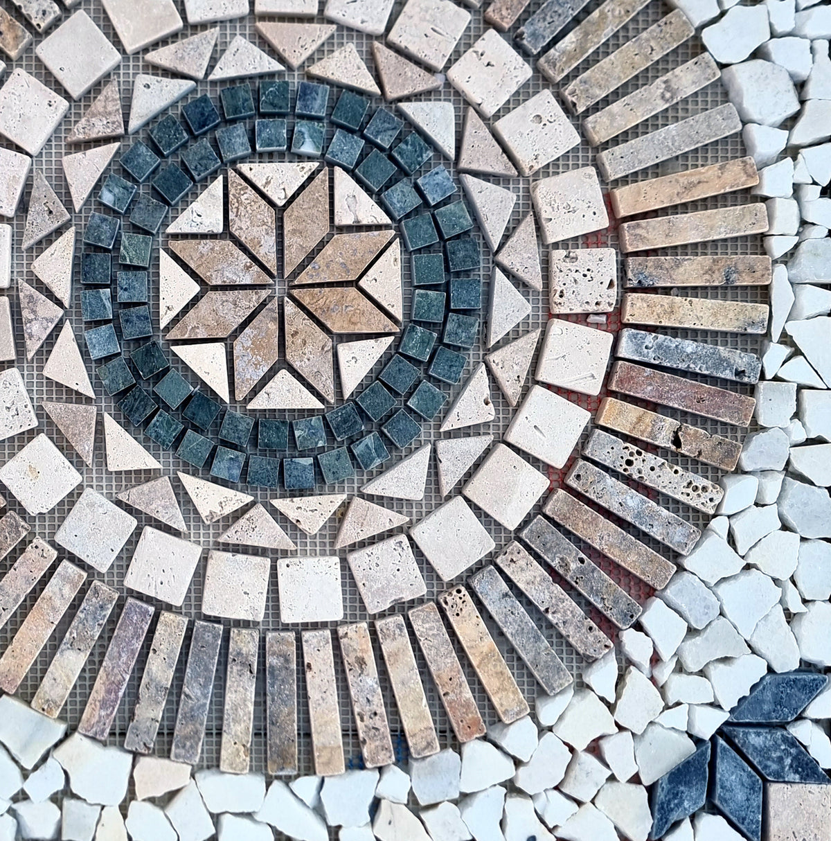 Floral Marble Mosaic Art: Tropical Stone Medallion (24"x24")