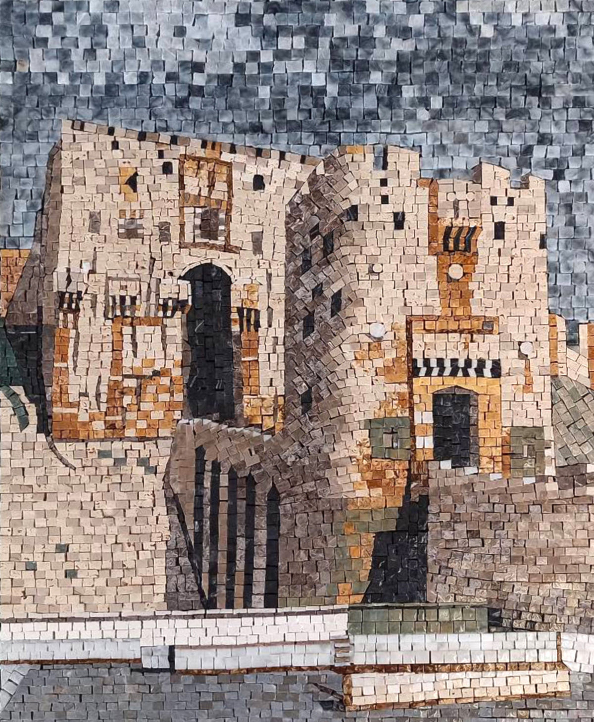 Handmade Castle Mosaic Mural: Aleppo Citadel Stone Art