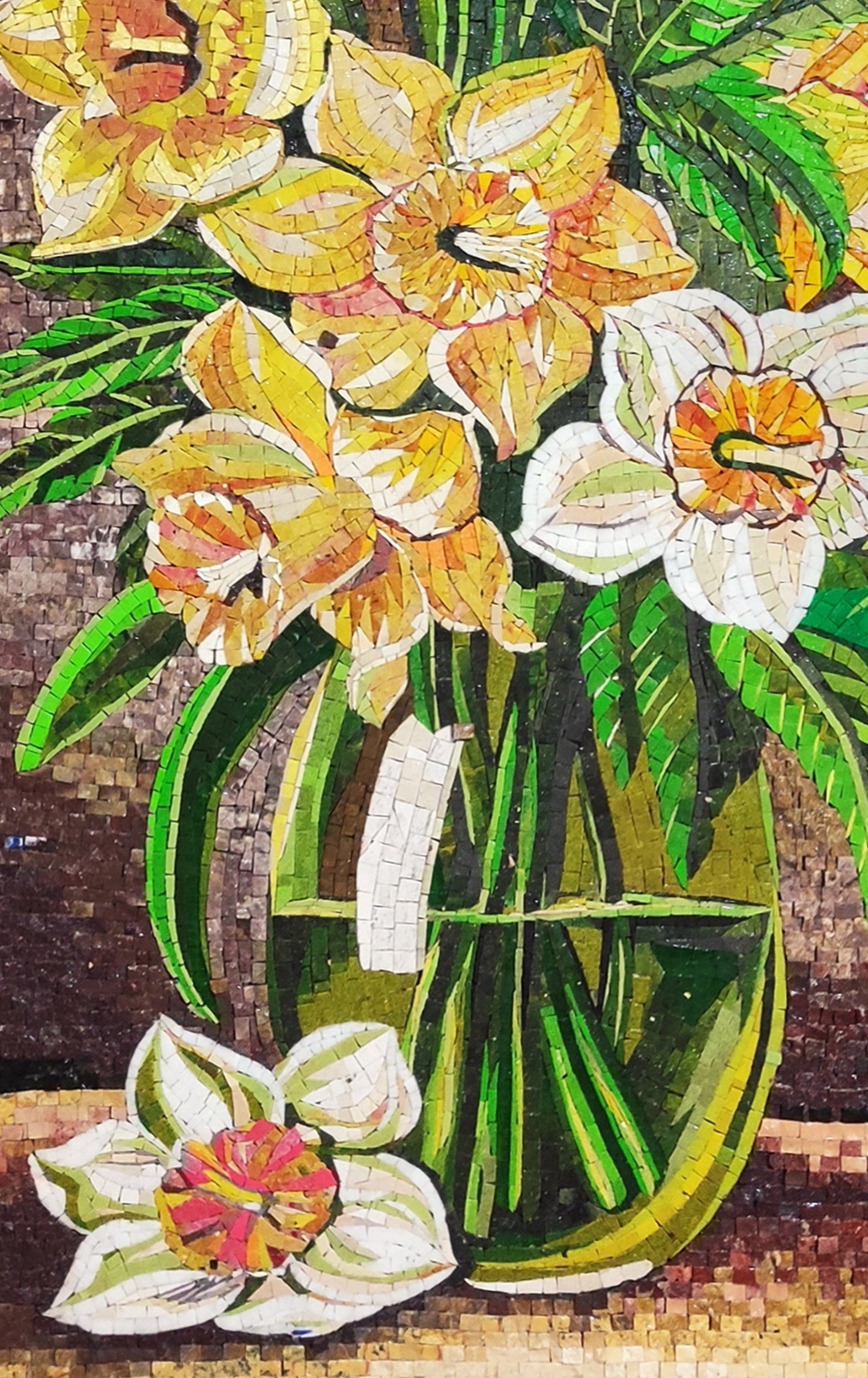 Floral Mosaic Art: Yellow & White Flowers in Vase, Wall Decor (48” x 24")
