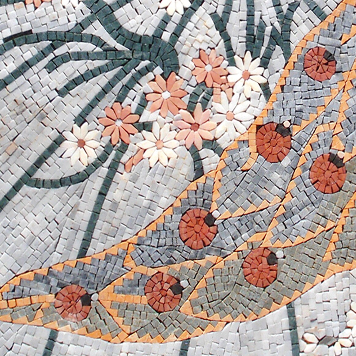 Handmade Peacock Mosaic Tile Art: Floral Marble Medallion (36" Diameter)