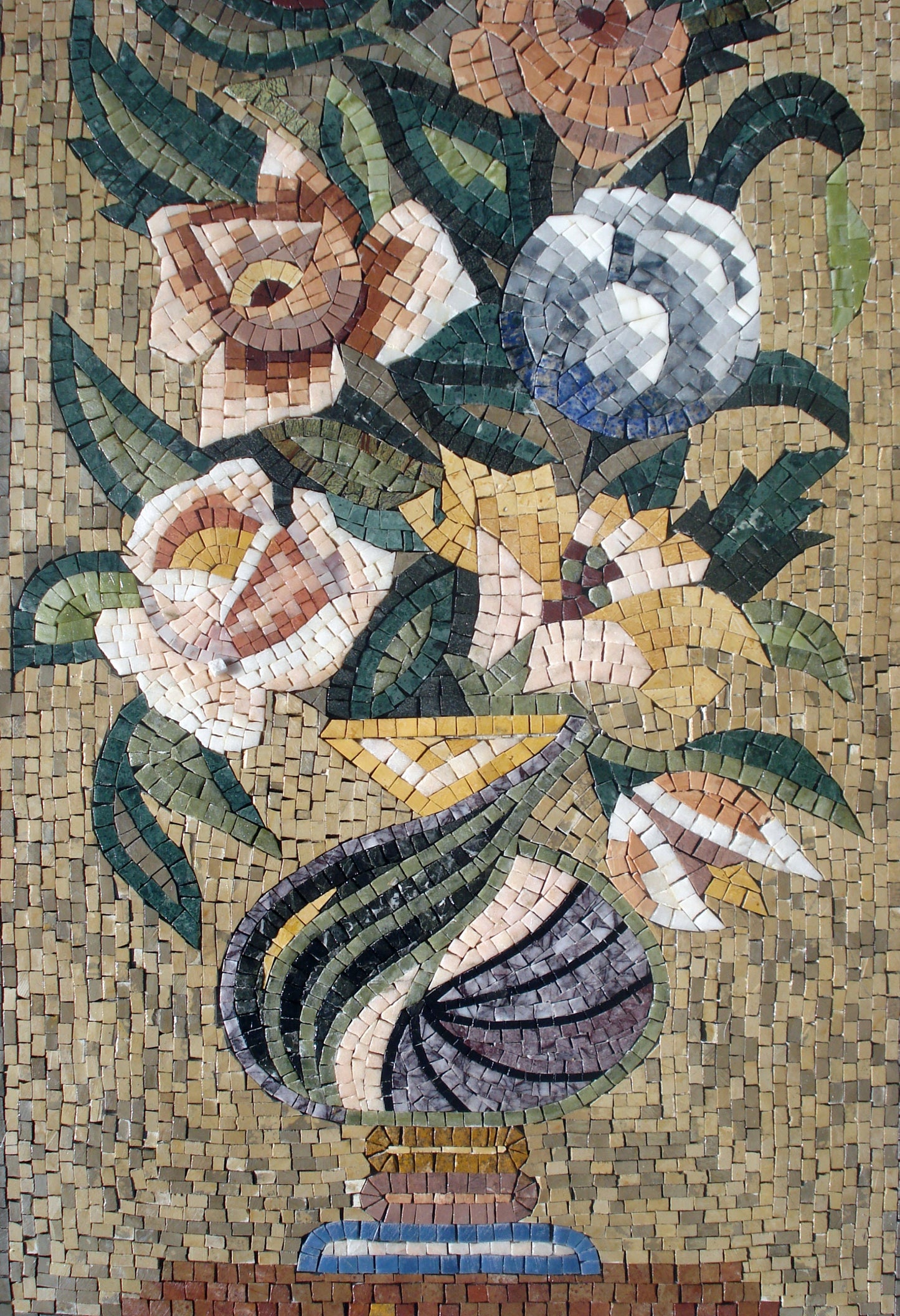 Handmade Marble Mosaic: Floral Bouquet in Vase, 40" Wall Art