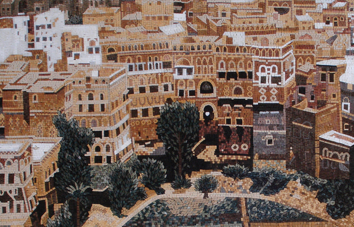 Handmade Yemen Mosaic Mural: Old City Traveler Artwork, Marble & Stone