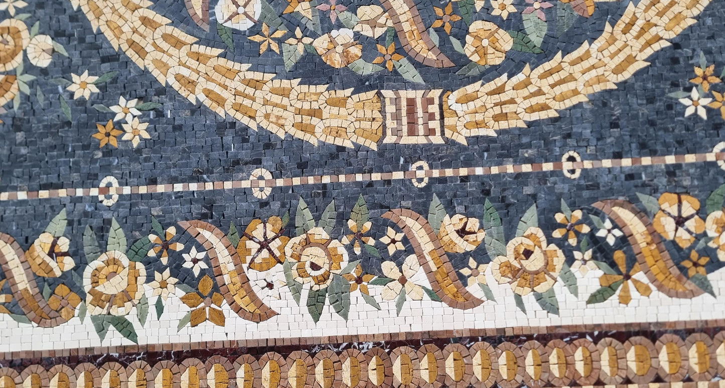 Floral Marble Mosaic Rug: Handmade Geometric Tile Art (80”x 56")
