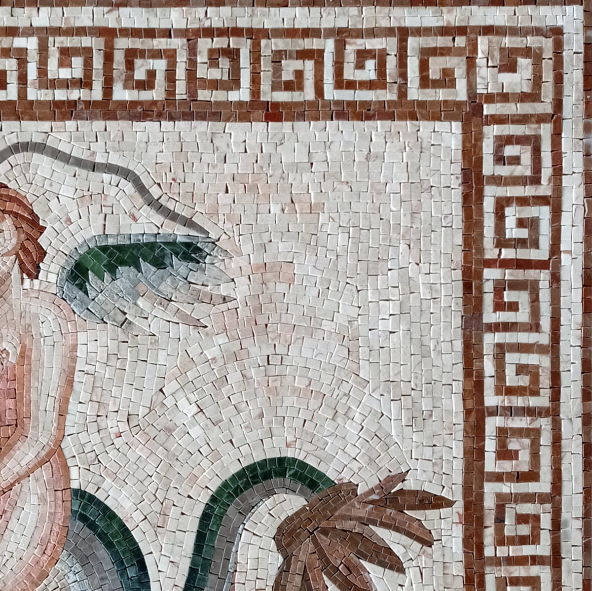 Handmade Eros Mosaic Mural: Greek God on Dolphin, Roman Art Tile (32x32)