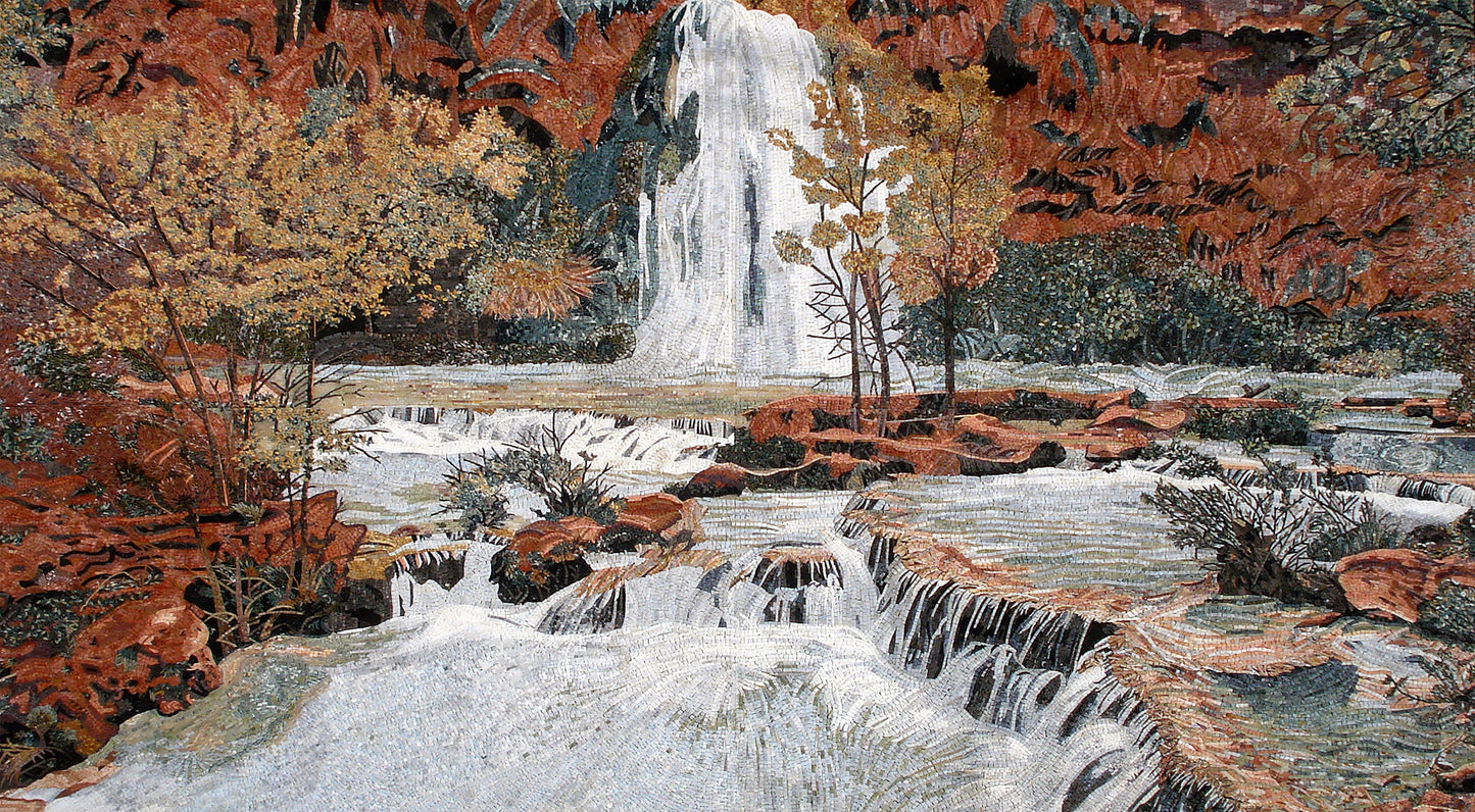 Handmade Marble Mosaic Tile: Autumn Waterfall Wall Art (60” x 36”)