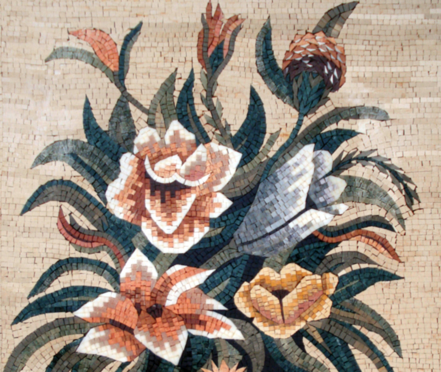 Handmade Marble Mosaic: Rose Flower Vase Wall Art Decor (44” x 32”)