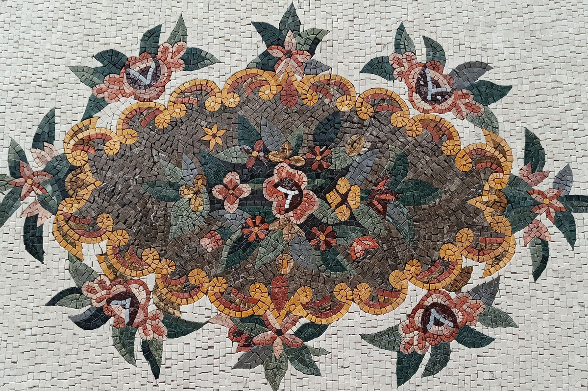 Floral Marble Mosaic Rug: Handmade Stone Art Carpet (90” x 60")
